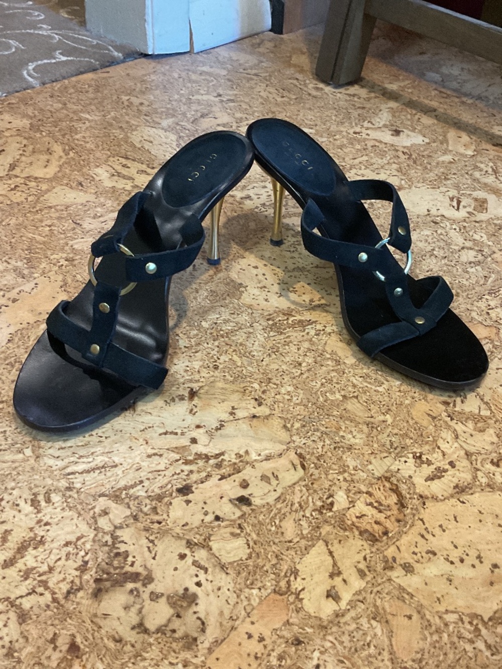 Gucci Black Suede Strappy Heel Sandals with Gold Accents